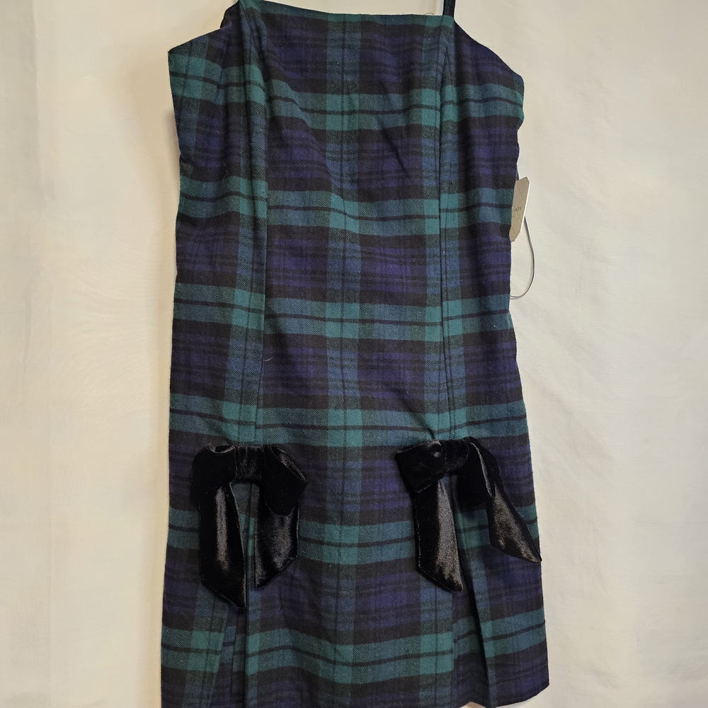 Altar'd State Blue&Green Plaid Dress w/Black Bows Built In Shorts XS Women's